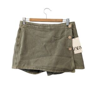 NWT Zara Button Wrap Front Denim Skort Olive Green Khaki Size M